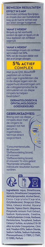 Zij-aanzicht van de NIVEA Q10 Anti-Rimpel Expert verpakking met gebruiksaanwijzing en resultaten.