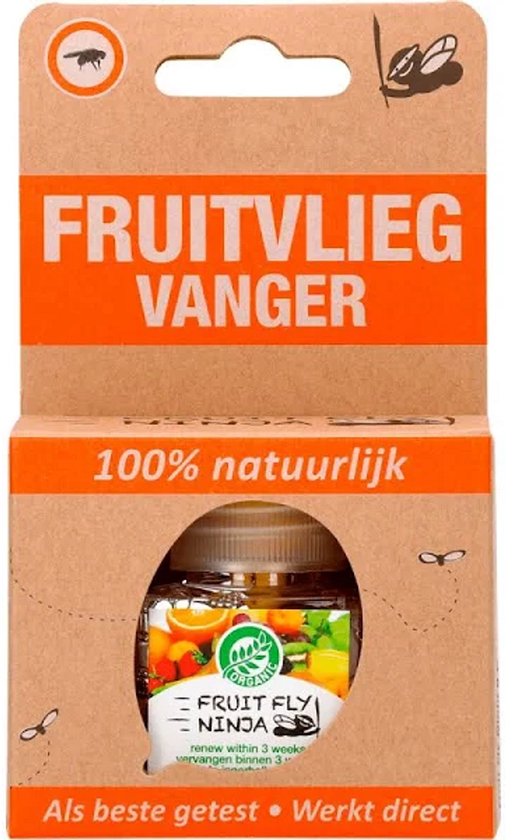 Kartonnen verpakking voor "FRUITVLIEG VANGER" met afbeelding van fruit en de tekst "100% natuurlijk".