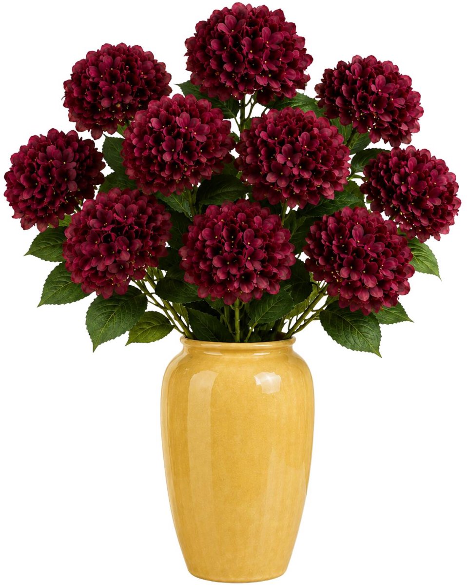 Bellatio Design Kunstbloem Hortensia tak - 10x - bordeaux rood - 48 cm - losse steel - Kunst zijdebloemen - hydrangea