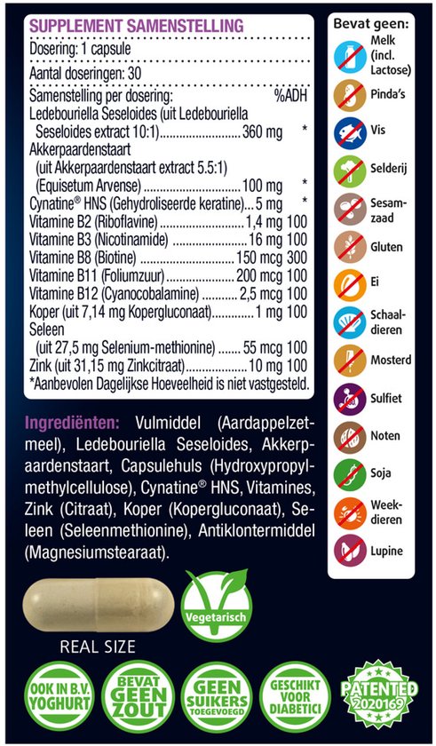 Achterkant van de doos met capsule, ingrediënten en allergeneninformatie.