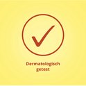 Gele achtergrond met rode cirkel en vinkje. "Dermatologisch getest".