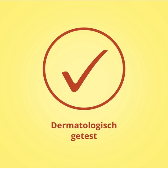 Gele achtergrond met rode cirkel en vinkje. "Dermatologisch getest".