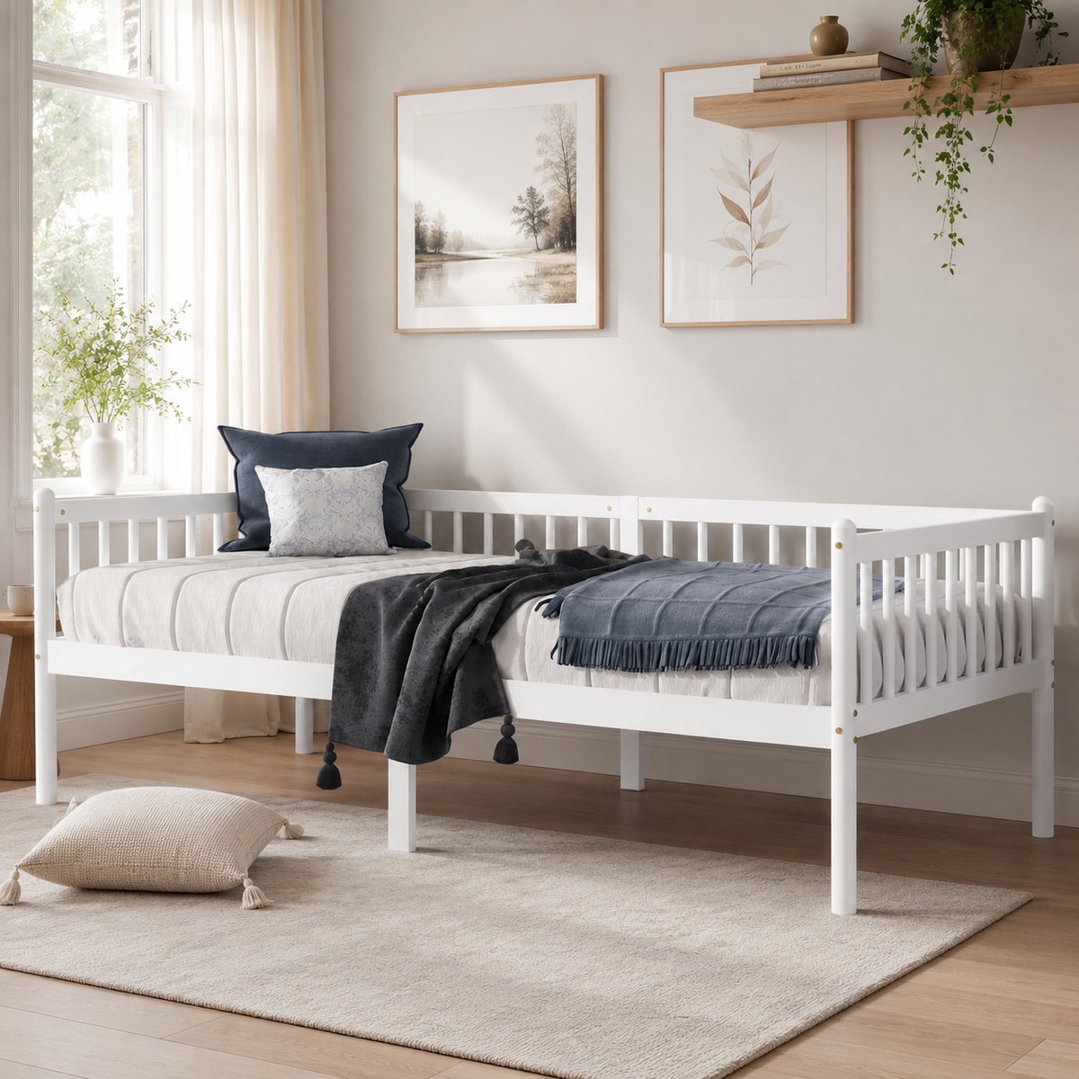 Kinderbed 90x200 cm - Eenpersoonsbed - Vloerbed - Houten frame - Met veiligheidsreling - Veilig en comfortabel - Creëer een Veilige & Stijlvolle Slaapomgeving - Wit