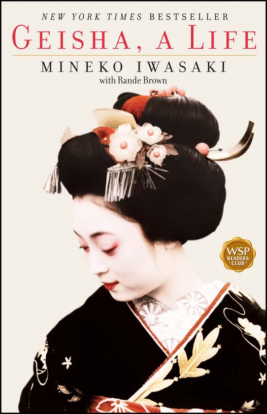 Livre "Geisha, a Life" avec une image de geisha aux cheveux noirs relevés, maquillage blanc et lèvres rouges, portant un kimono noir orné de décorations dorées.