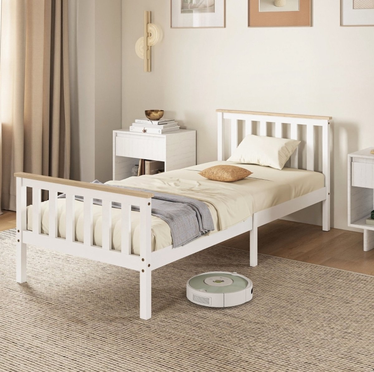 MEUNIQ eenpersoons bedframe 90x200 cm van hout met lattenbodem, opbergruimte onder bed, hoofd- en voetbord, wit en naturel voor de slaapkamer