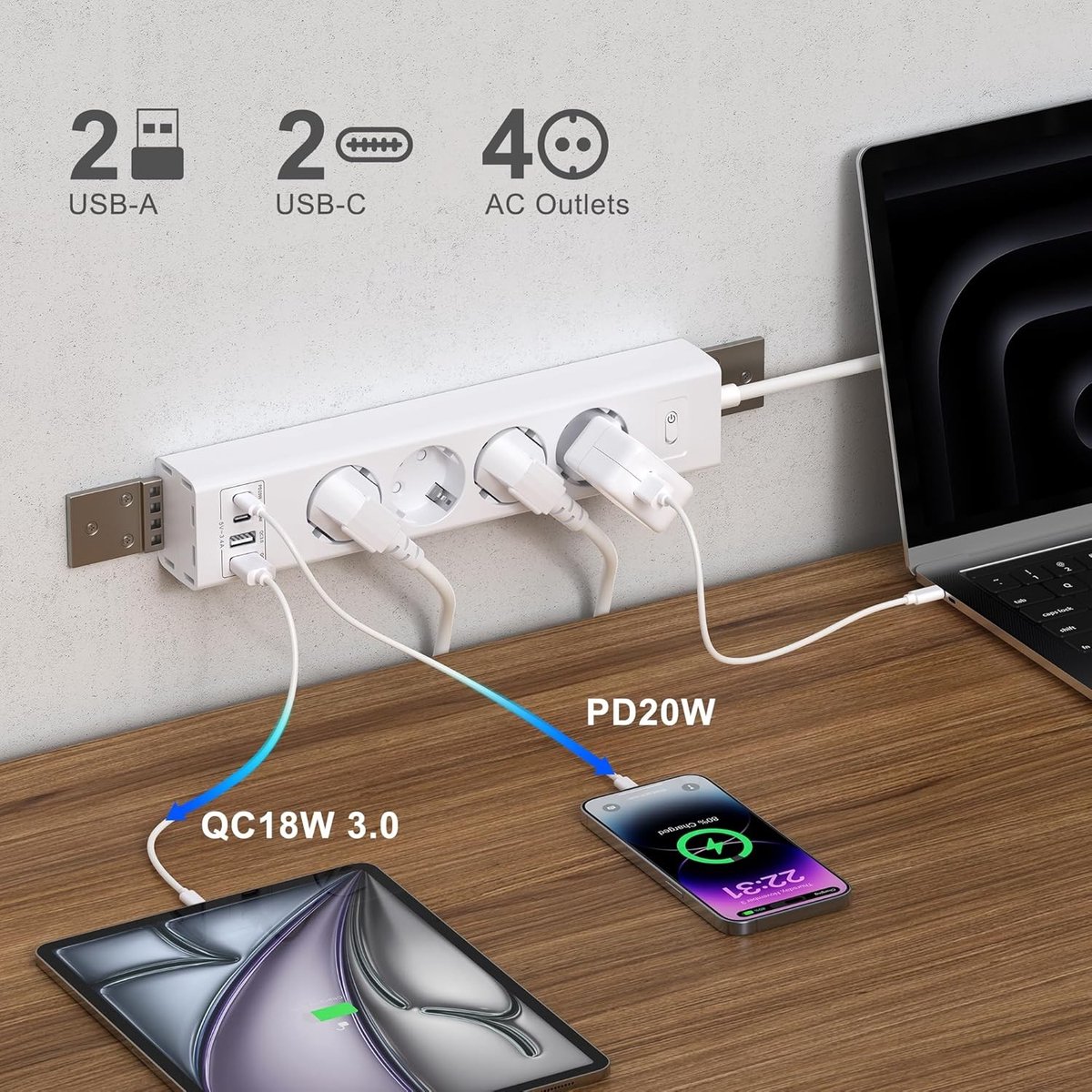 Stekkerdoos voor Montage onder Bureau - Wit - 2 USB-C + 2 USB-A - 4000W Vermogen - Voor Thuis en Kantoor