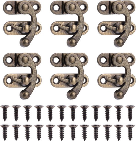 6st Mini Zwaaiarmsluiting, 3,3×2,8 cm, links en rechts, antieke haaksluiting, met 24 stuks schroeven, zwaai-slotsluiting voor sieradendoos, koffer en gereedschapskist