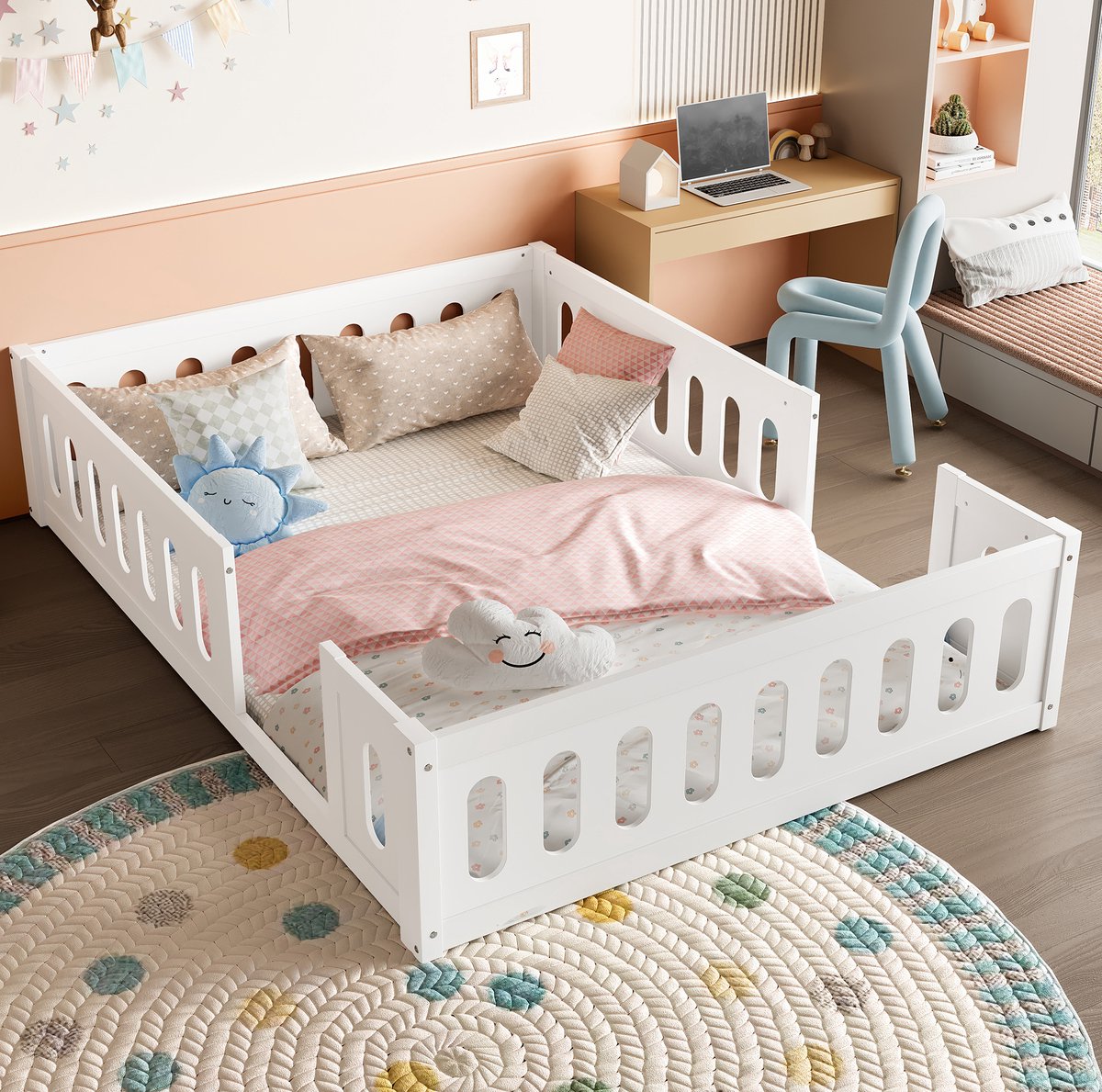 MEUNIQ platformbed 140x200 met rondom hek en zijopening, laag kinderbed bedframe voor kinderkamer, grenenhout en MDF, wit, geschikt voor matras 140x200