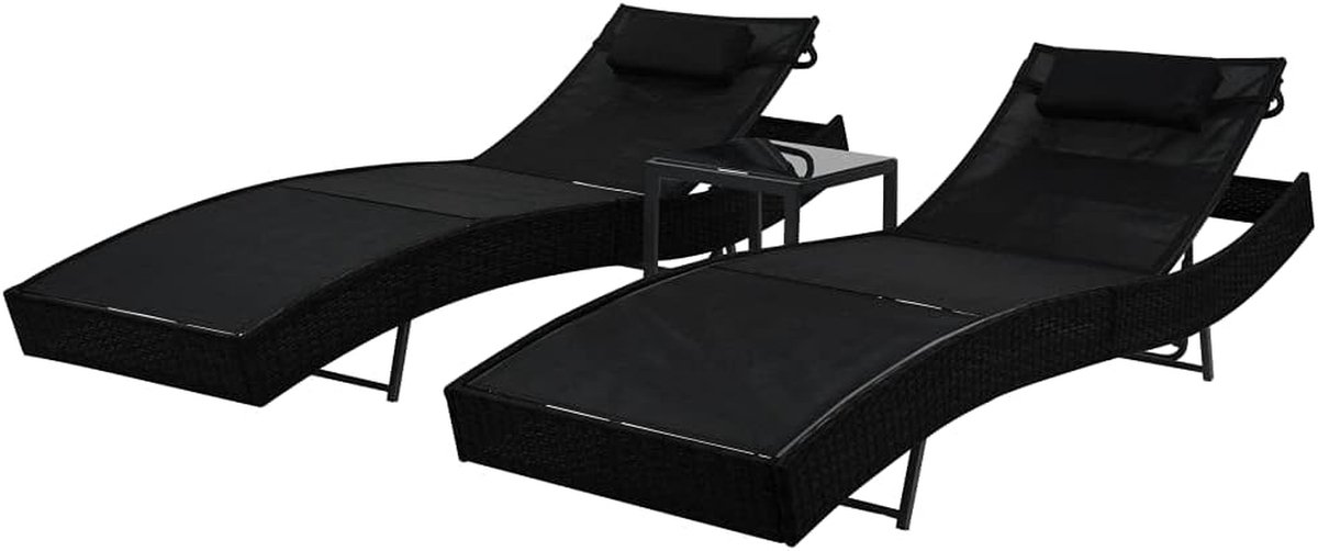 Loungeset Tuin - Ligbedden met tafel - Zonnebaden Ontspannen - Verstelbare rugleuning - 2 stuks - Zwart