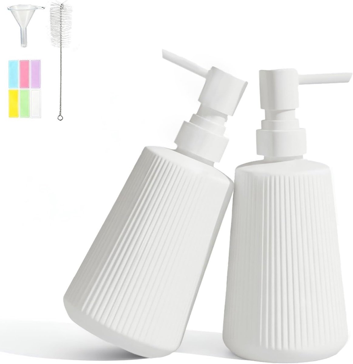Set van 2 Witte Zeepdispensers van 350 ml met Pomp en Schoonmaakborstel, Ideaal voor Handzeep en Afwasmiddel, Inclusief Kleur Labels en Trechter, Perfect voor Keuken en Badkamer