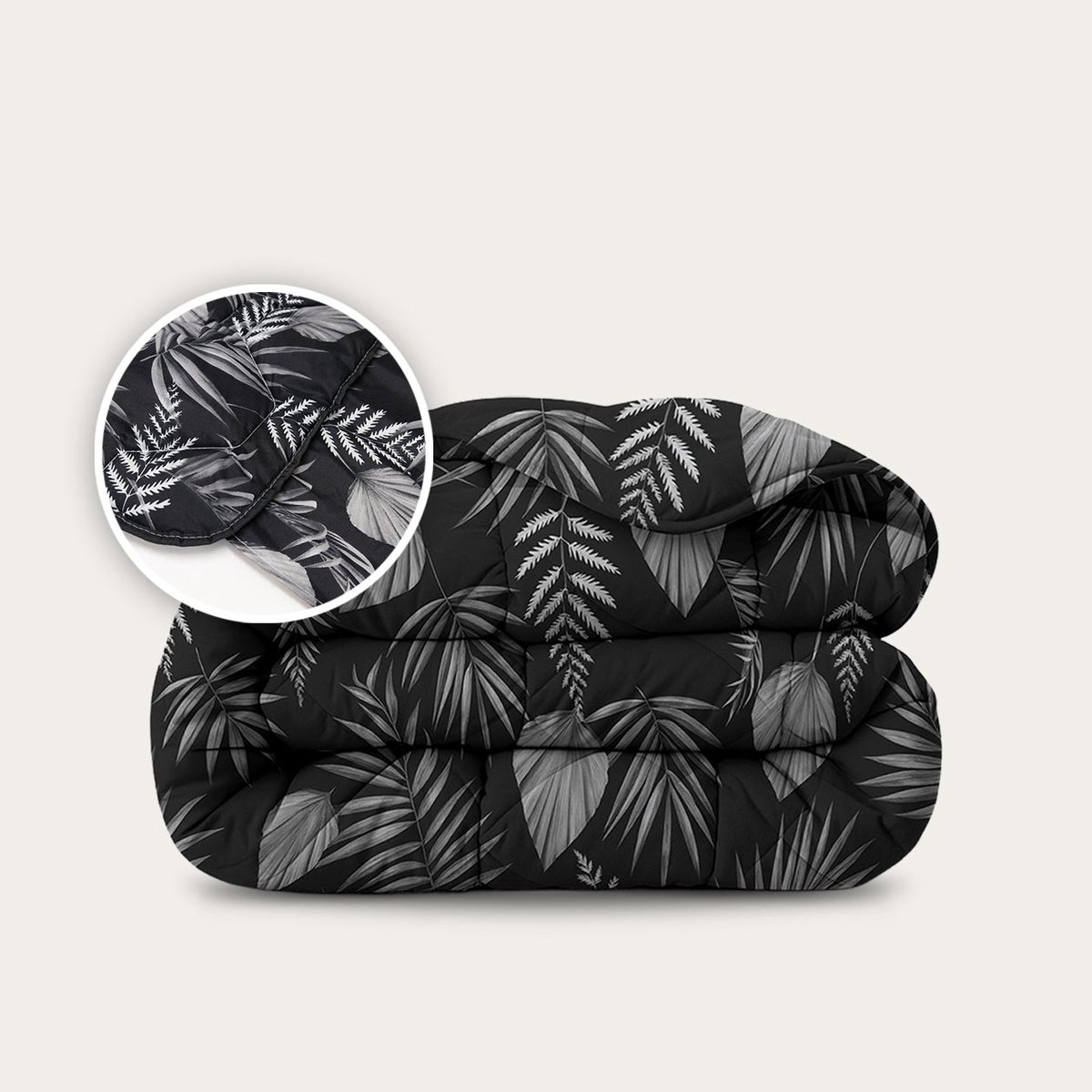 HappyBed Dekbed zonder overtrek 160x220 + instopstrook - Bedrukt dekbed zonder hoes - Hoesloos Dekbed met Print - Wasbaar - Twijfelaar dekbed - Black Leaves