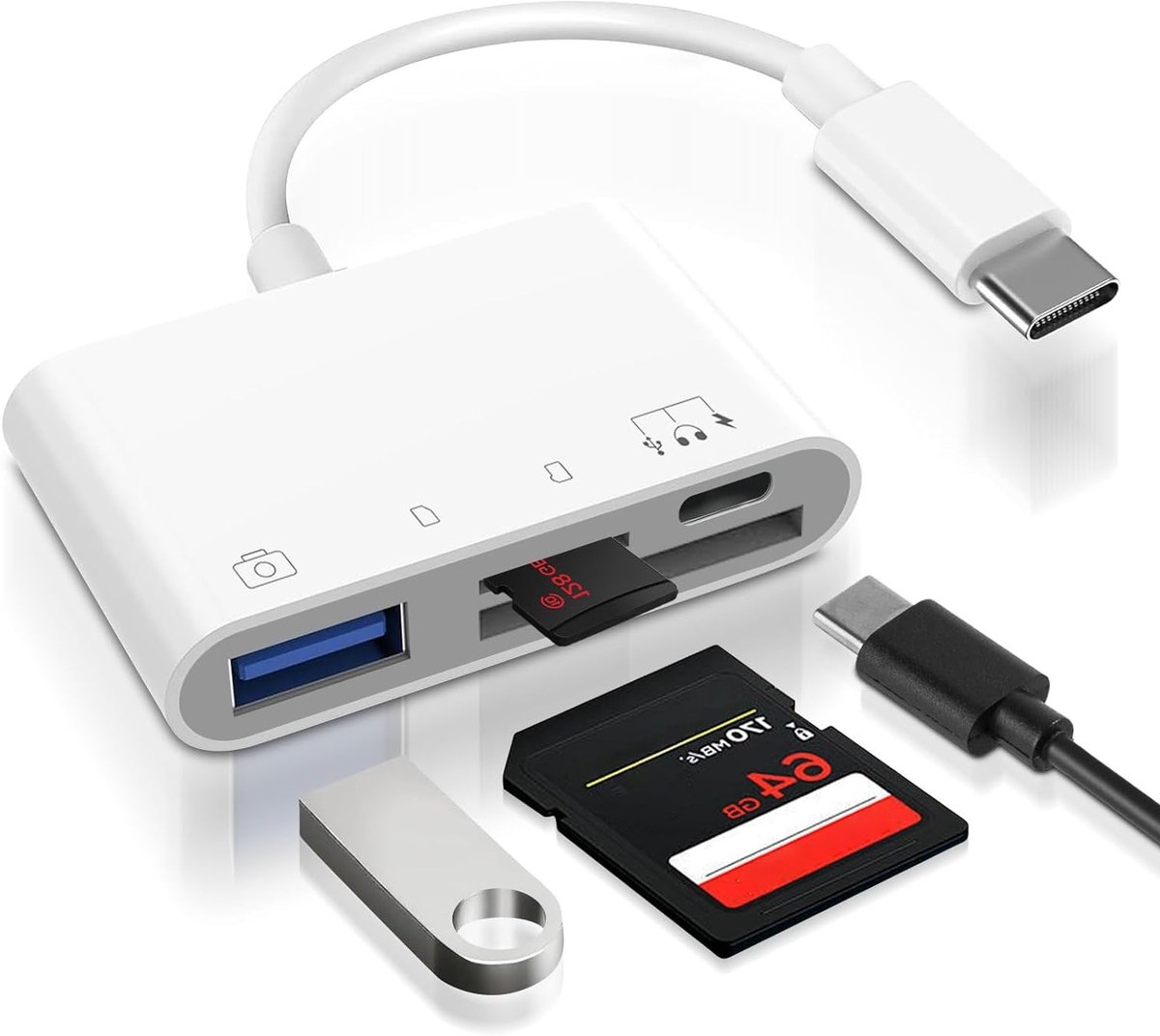 4-in-1 SD-kaartlezer met USB-C en USB-A, hoge snelheid gegevensoverdracht voor iPad, MacBook en Samsung Galaxy, ideaal voor fotografie en videobewerking