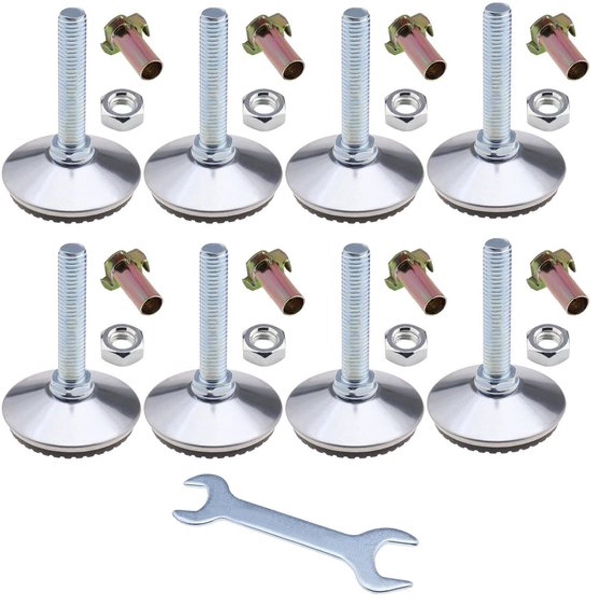 Nivelleervoeten 8x Set - Verstelbaar - Hoogte 15-38 mm - M10 Draadmaat - T-moer - Borgmoer - Metaal/Kunststof - Meubelnivellators