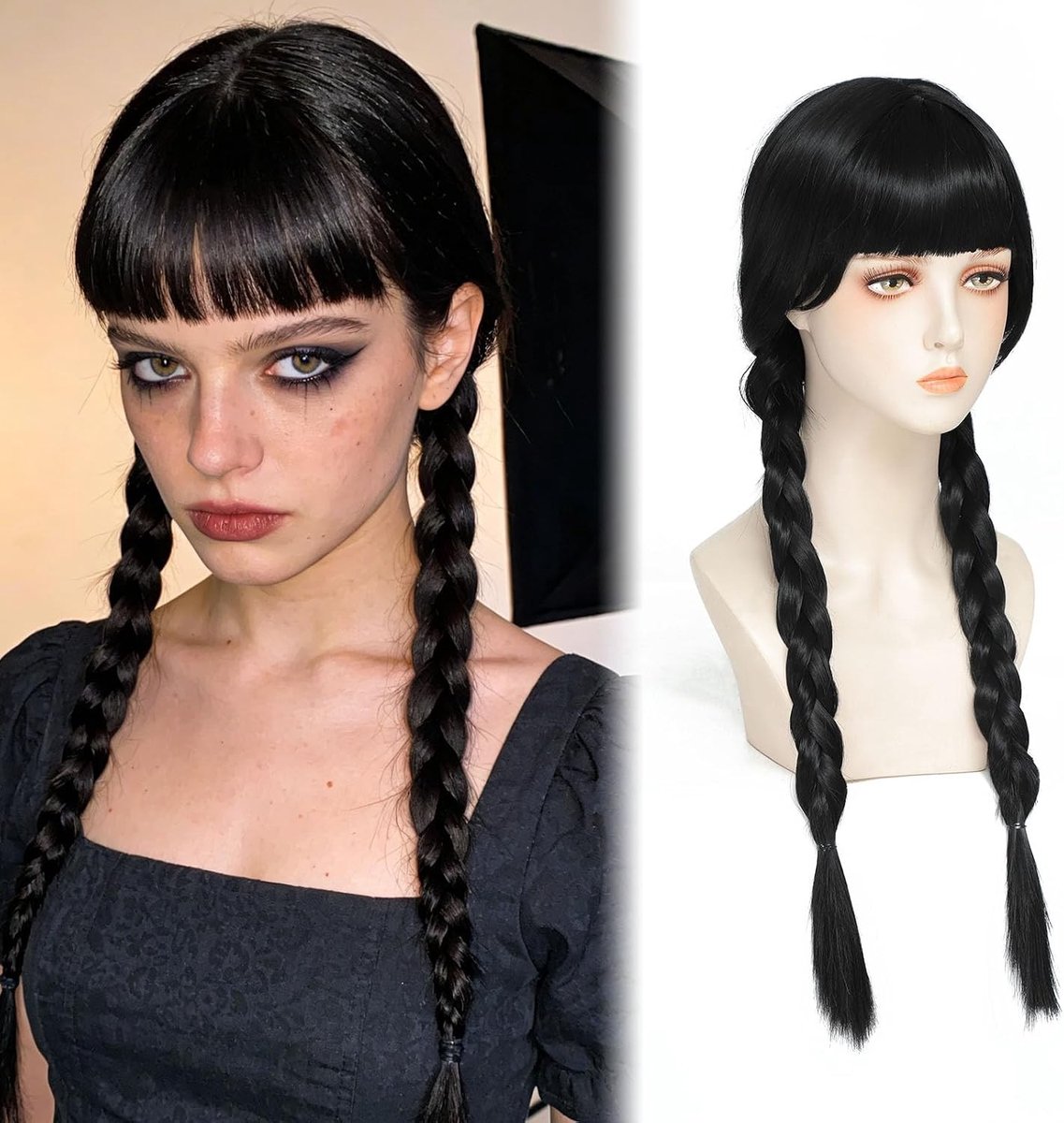 26 inch Lange Zwarte Vlechtperuc k voor Vrouwen en Meisjes voor Halloween en Cosplay van Wednesday Addams Kostuum