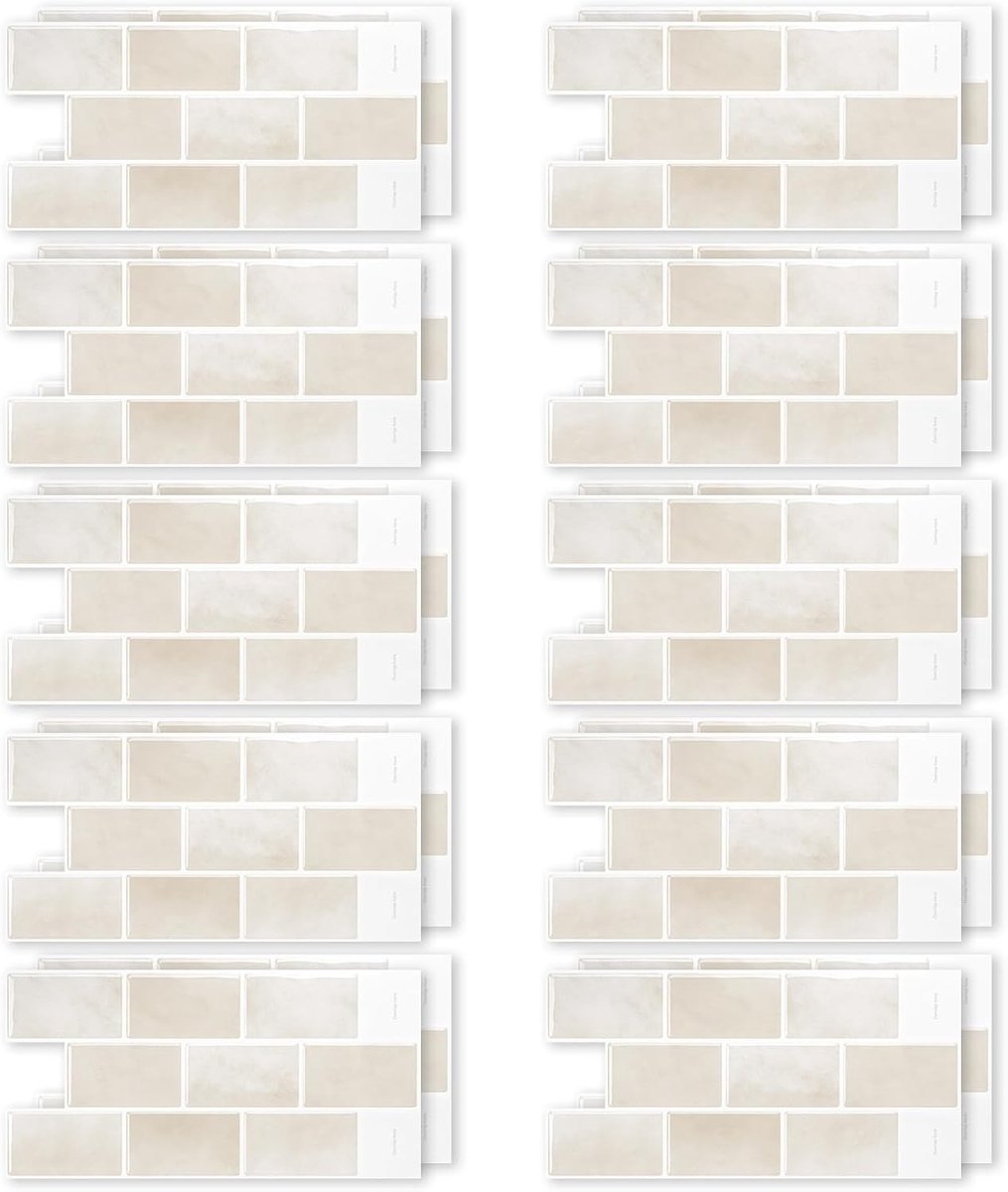 Zelfklevende 3D-tegelstickers in beige, 30,5 x 15,3 cm, ideaal voor wanddecoratie in keuken en badkamer, waterdicht en eenvoudig aan te brengen, 20 stuks