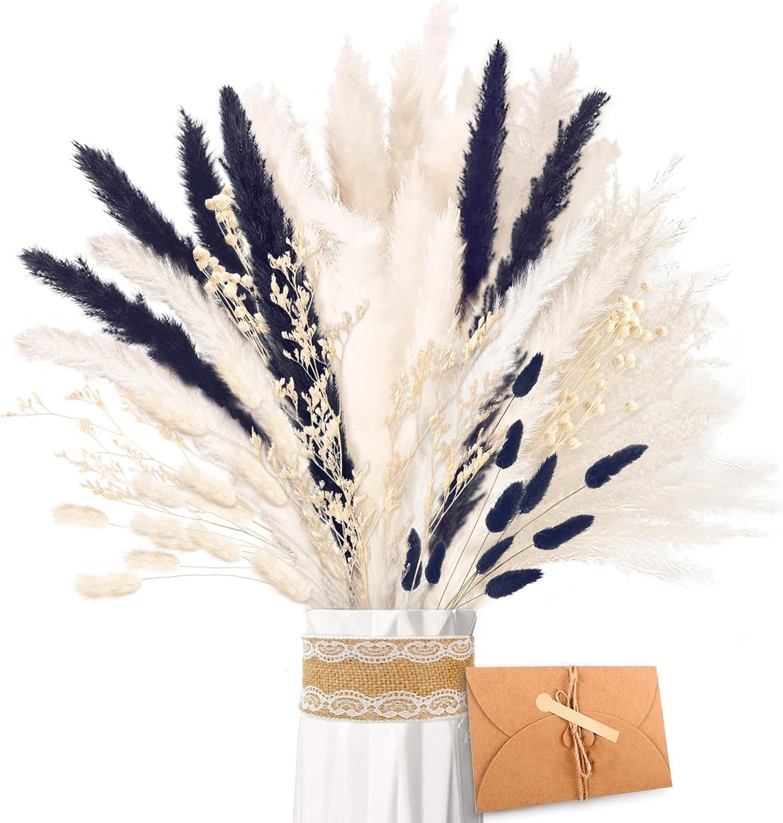 SnelShoppen - Dried Pampas Grass Boeket - Natuurlijke Gedroogde Bloemen in Zwart en Wit - Fluffy Pampas Grassen voor Boho Home Decor, Bruiloft, Vazen