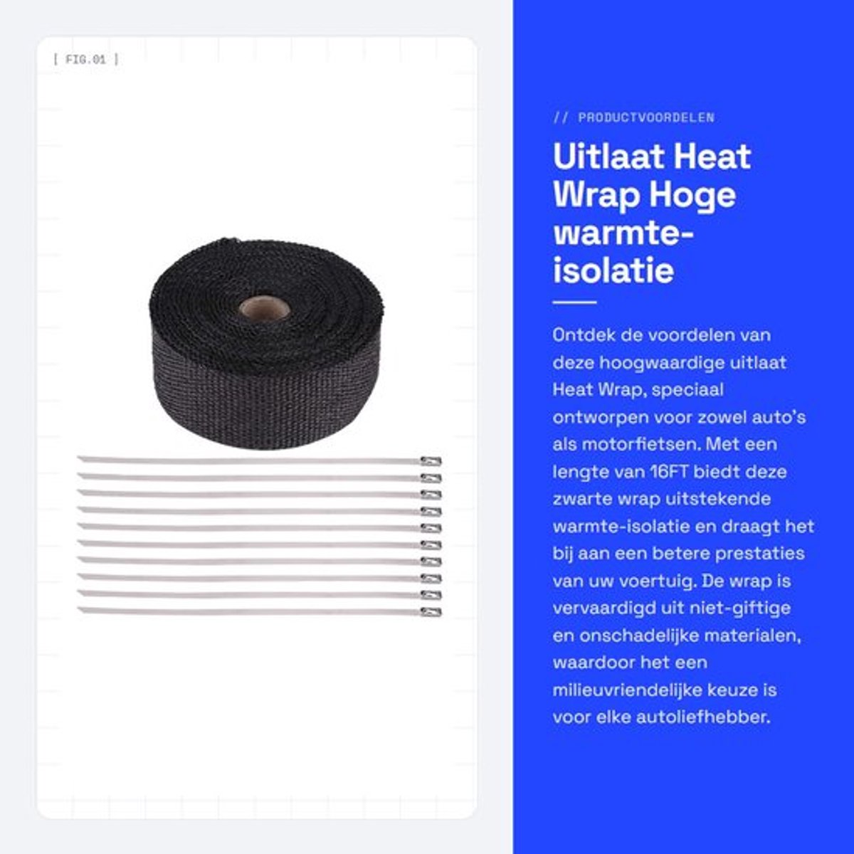 Uitlaatwrap Zwarte Hoge Warmte-Isolatie - Glasvezel Materiaal - Slijtvast en Duurzaam - 16FT Lengte - Milieu-vriendelijk - 12 Maanden Garantie - Uitlaatisolatie