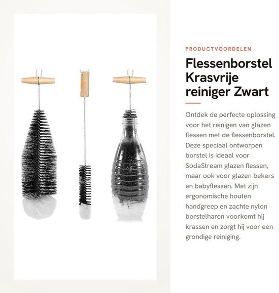 Flessenborstel - Ergonomische Handgreep - Roestvrij Staal - Nylon - Voor Glazen Flessen - 2 Stuks - Krasvrij Reinigen - Flessenreiniger