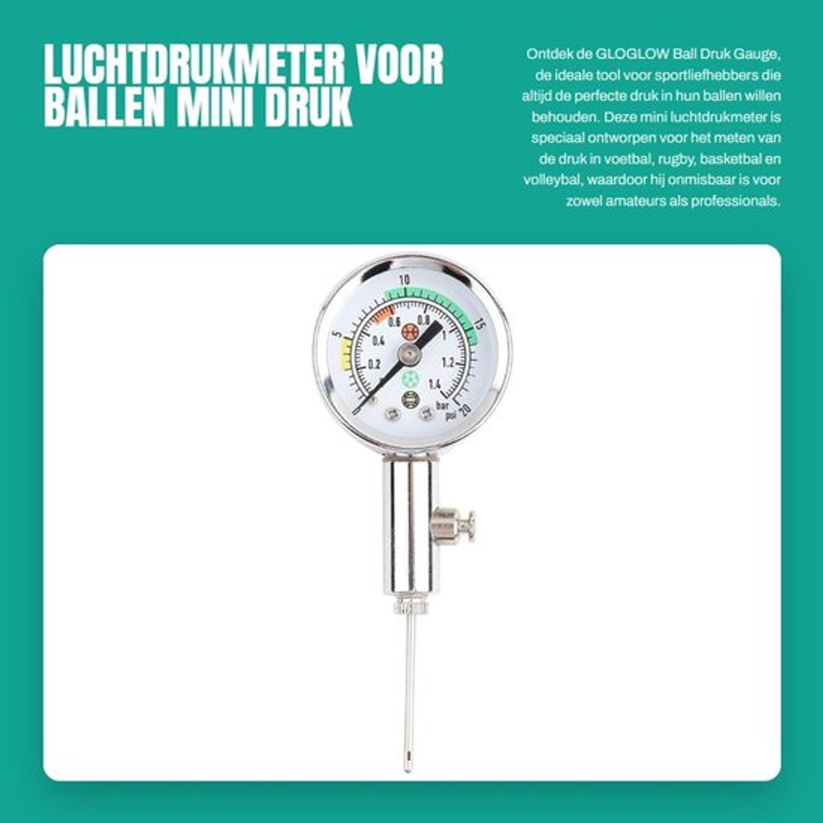 Drukmeter Hoogwaardige Kwaliteit - Mini Luchtdrukmeter - Sportmeter - Lichtgewicht - Draagbaar - Eenvoudig Afleesbaar - Ballenpomp