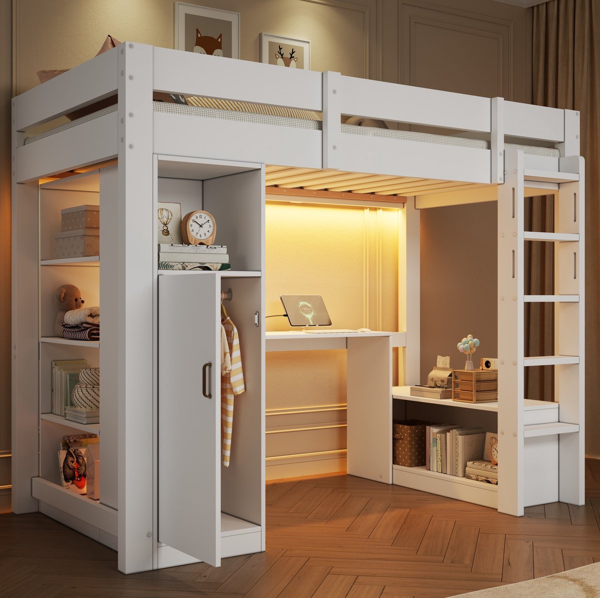 Hoogslaper 90x200 cm - Met Bureau, Ledverlichting En USB - Met Kledingkast En Opbergruimte - Kinderkamer - Hout En MDF - Wit - Zonder matras