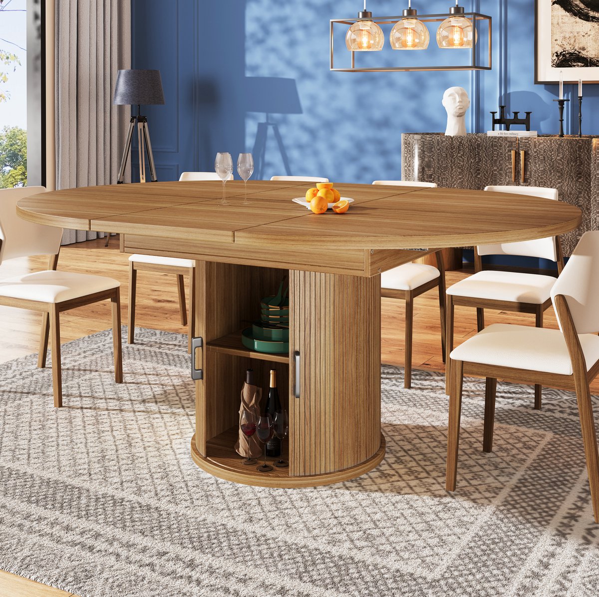 MEUNIQ uitschuifbare eettafel 118-158 x 118 x 76,8 cm, ronde tafel naar ovale eettafel, met opbergruimte en schuifdeuren, walnootkleur, tot 6 personen