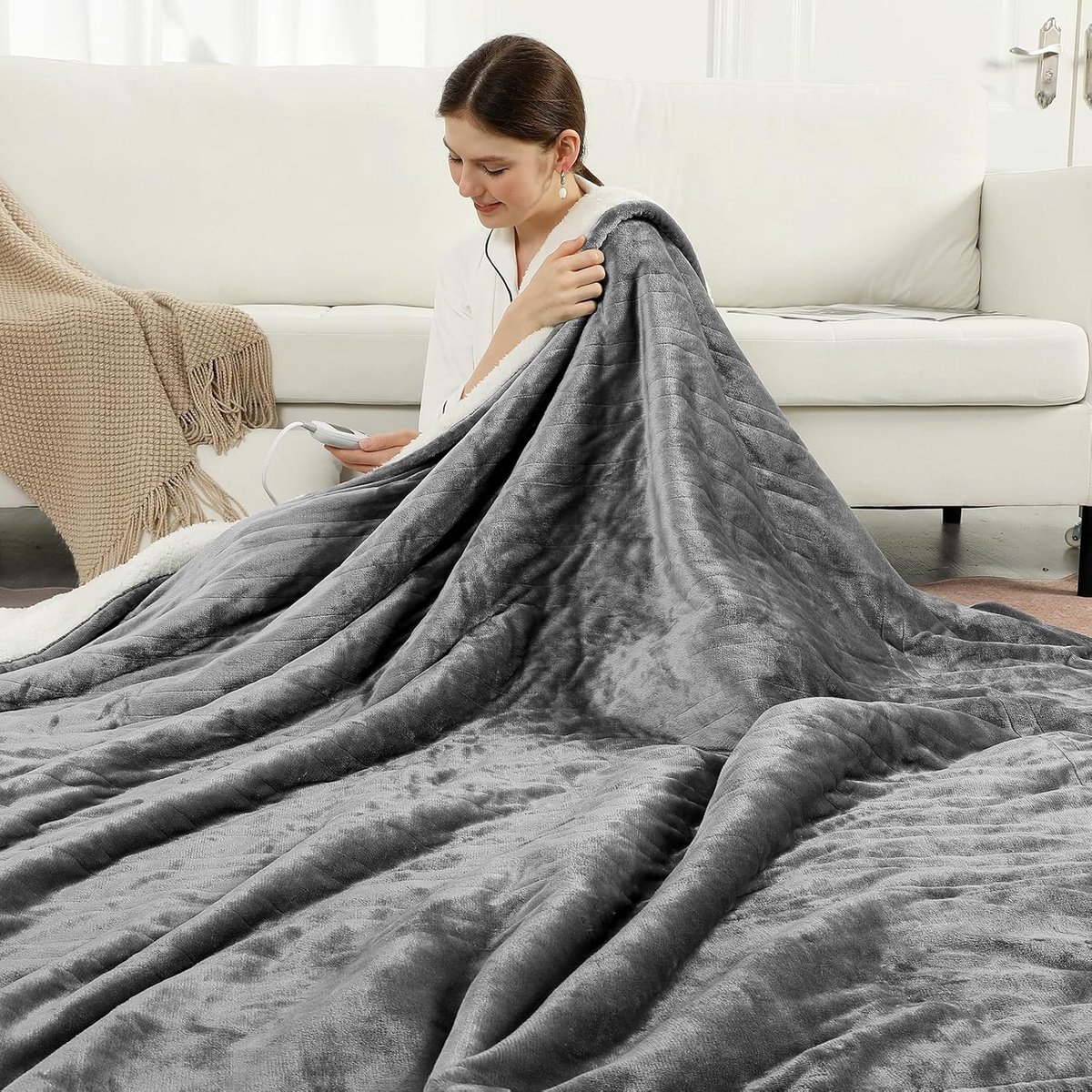 SnelShoppen - Elektrische Dekens 150x200 cm, Fluffy Flanel & Sherpa, 6 Warmte-instellingen, 10-Uur Timer, Automatische Uitschakeling voor Senioren, Vr