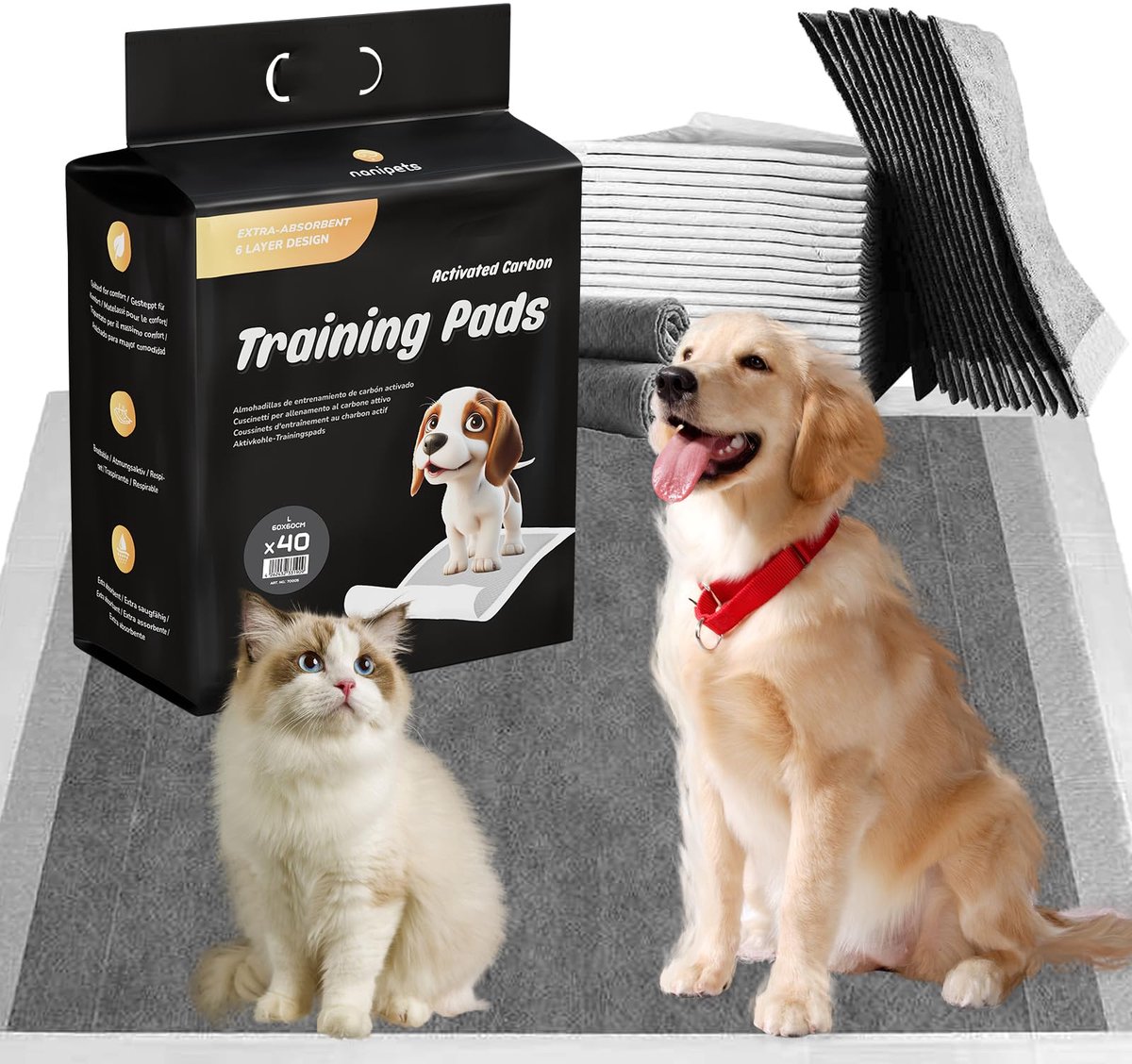 SnelShoppen - Puppy Pads Actieve Kool Training Pads voor Honden, Super Absorberend en Lekvrij, 60 x 60 CM Extra Groot, Dikker, 40 Stuks