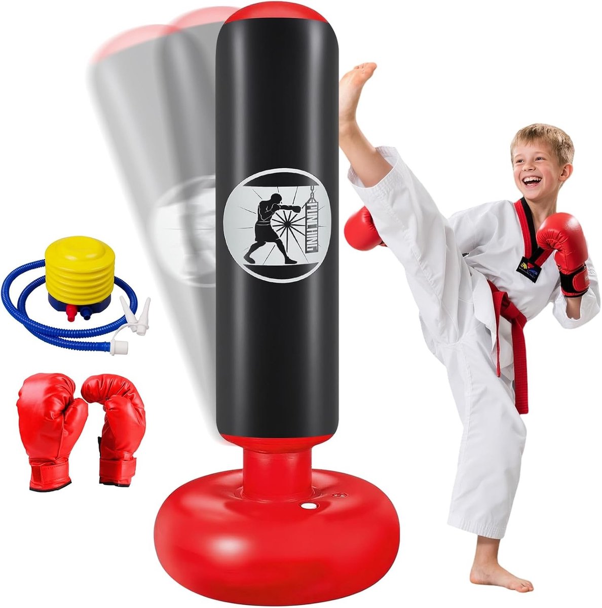 Staande Bokszak voor Kinderen 160 cm - Opblaasbare Punching Bag met Pomp en Handschoenen, Ideaal voor Karate, Taekwondo en MMA, Perfect Cadeau voor Jongens en Meisjes van 3-12 Jaar