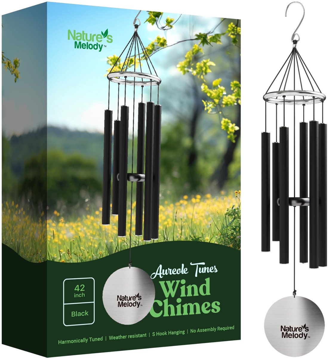 SnelShoppen - Nature's Melody Windgong voor Buiten met 6 Buizen, Pentatonische Schaal, 100% Roestvrij Aluminium, Poederafwerking, S-haak voor Rouw, He