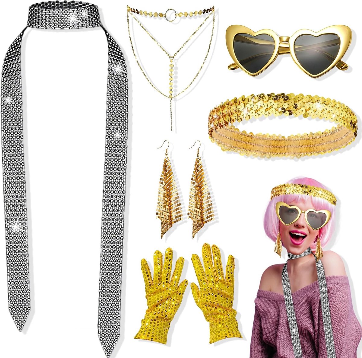 70s Disco Accessoires Set, 6 Stuks Glitter Kostuum met Pailletten, Hoofdband, Handschoenen, Oorbellen, Ketting en Zonnebril voor Vrouwen op Carnaval en Feestjes