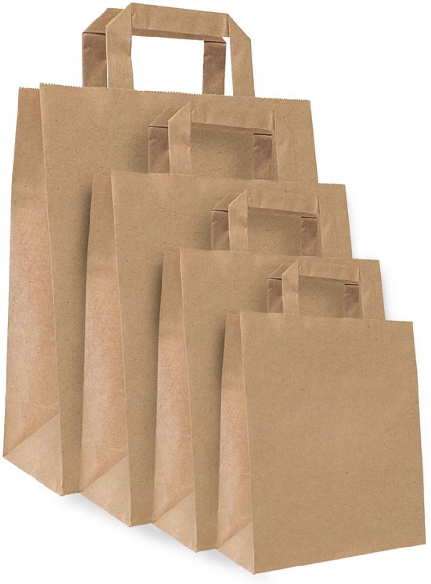 Papieren Draagtas 22x28x10 Cm - 25 Stuks - Sterk Kraftpapier - Platte Handgreep - Draagtas - Boodschappentas