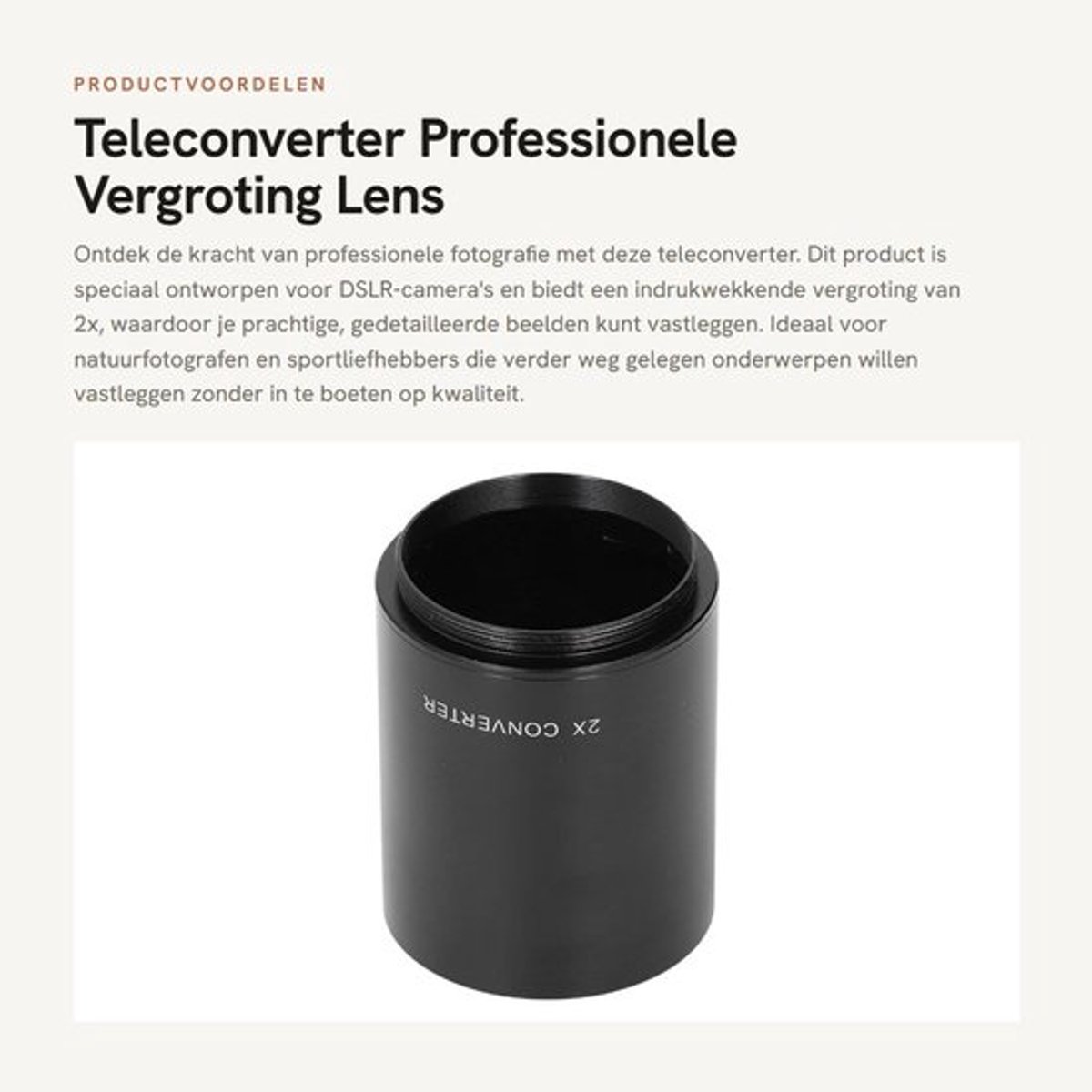 Teleconverter 2X Professionele Vergroting - T-Mount Adapter - Aluminium Legering - Verbeterde Telefotomogelijkheden - Eliminatie Chromatische Aberratie - Beelden met Verbeterde Kleurconsistentie - Lensconverter