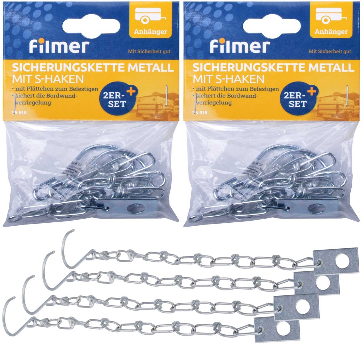 4x Veiligheidsketting 24cm met haak + plaat zijwandsluiting ketting autoaanhanger