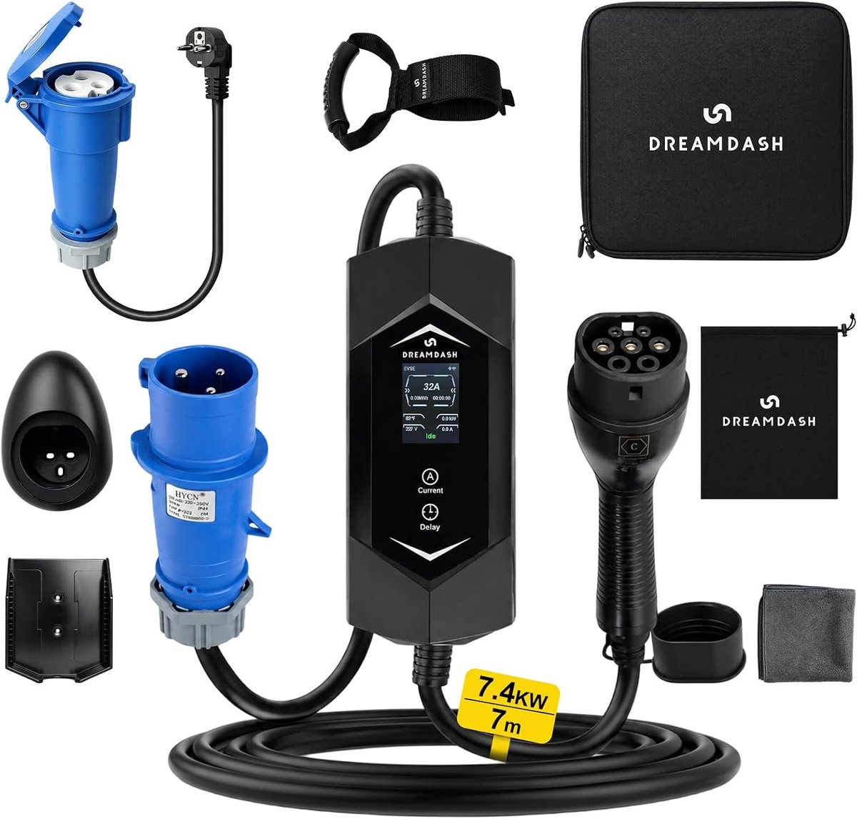 SnelShoppen - Elektrisch Auto Oplaadstation 7 kW Type 2 met CEE 32A Aardleksocket 7m Kabel - Snellader voor Thuis en Op Reis - IP65 Weerbestendig