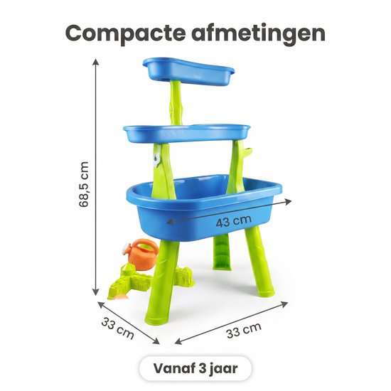 Blauwe en groene watertafel met afmetingen, 68,5 cm hoog, 43 cm breed, 33 cm diep.