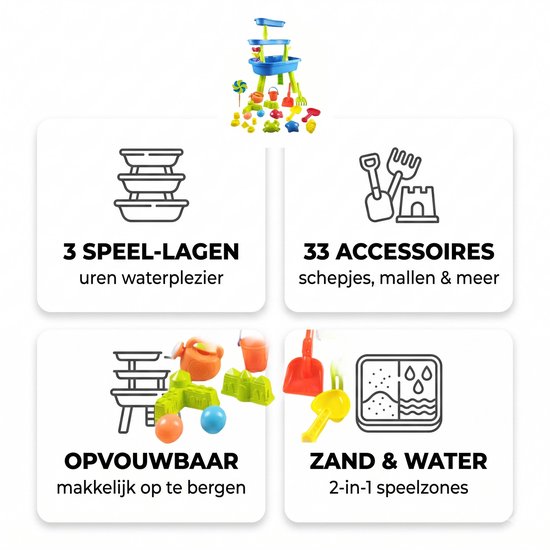 Afbeeldingen van de blauwe en groene watertafel, met 3 lagen, 33 accessoires, opvouwbaar en zand/water zones.