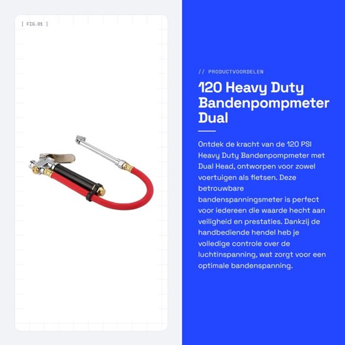 Bandenspanningsmeter 120 PSI - Heavy Duty - Dual Head - Bandenpomp - Luchtslang 12 inch - Roest- en corrosiebestendig