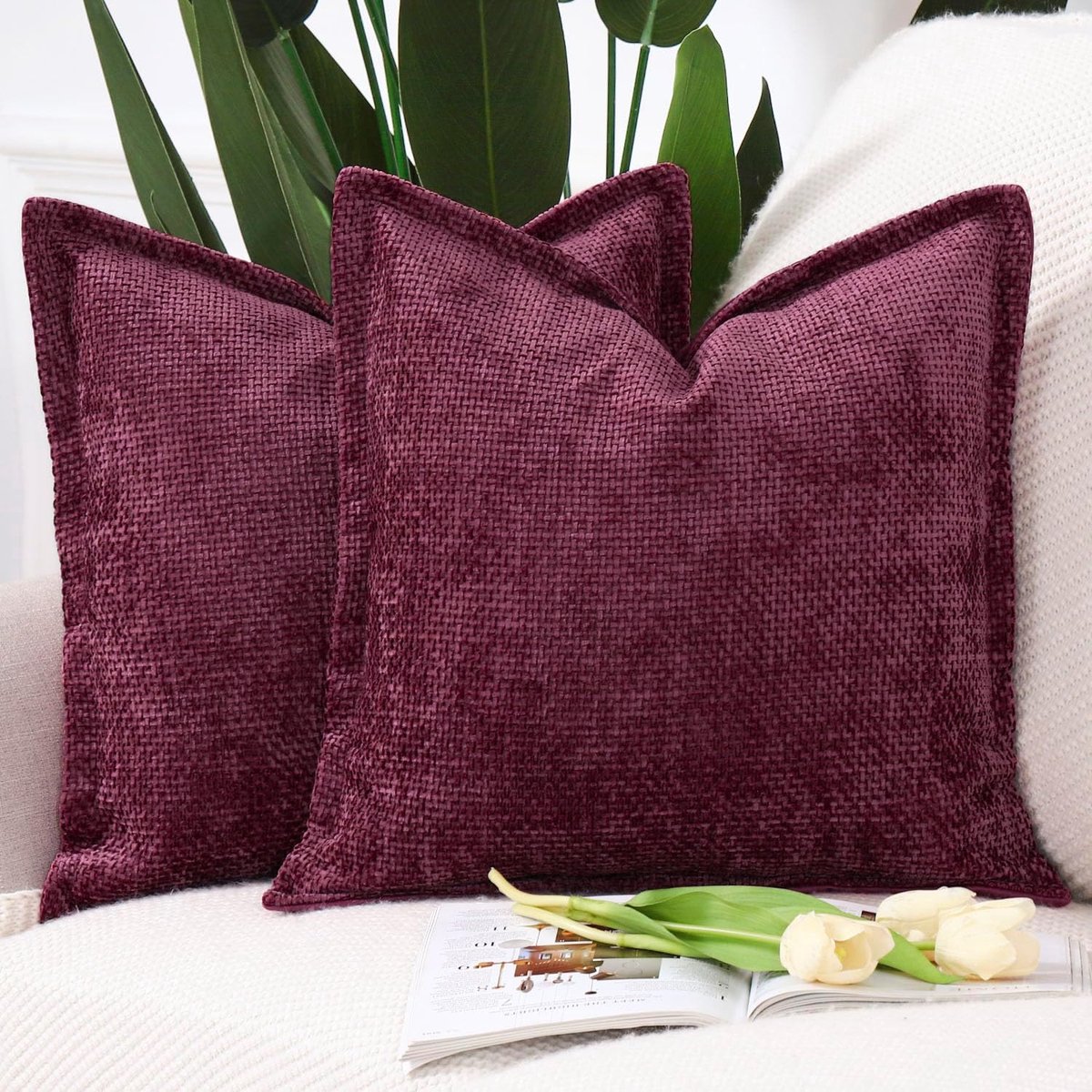 SnelShoppen - Set van 2 Zachte Korte Chenille Fluwelen Franje Kussenslopen 60x60 cm Bourgondië - Decoratieve Kussenhoezen voor Sofa en Slaapkamer