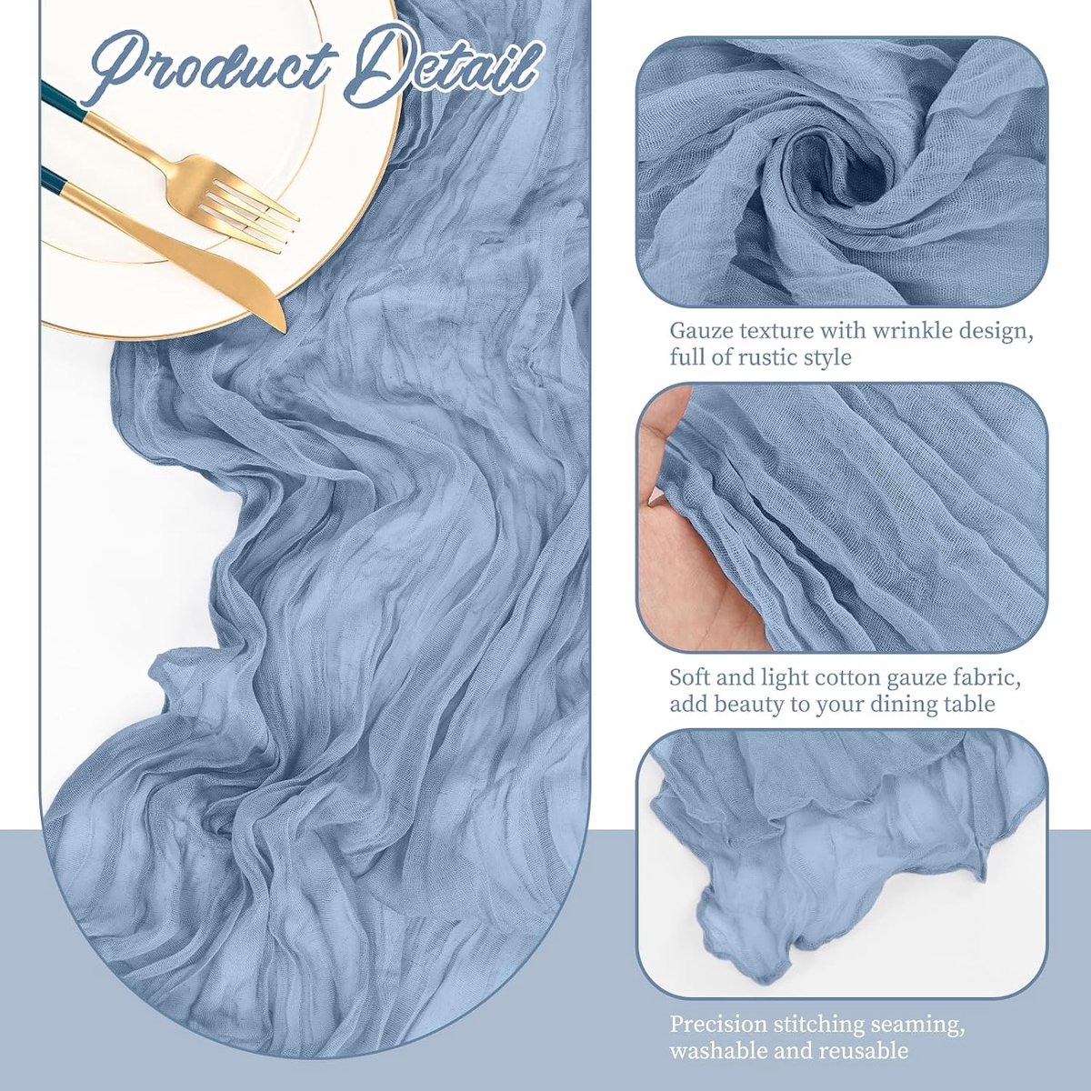 8 Pack kaasdoektafelloper Dusty Blue, 10 ft lange semi-kale rustieke boho-tafellopers voor bruiloft, bruidsdouche - ShopVlot