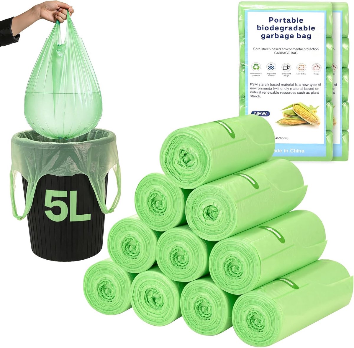SnelShoppen - 200 Stuks Biodegradeerbare Afvalzakken 5L, 10 Rollen 42x55cm met Handvat, Scheurbestendige Groene Zak voor Thuis, Keuken, Kantoor