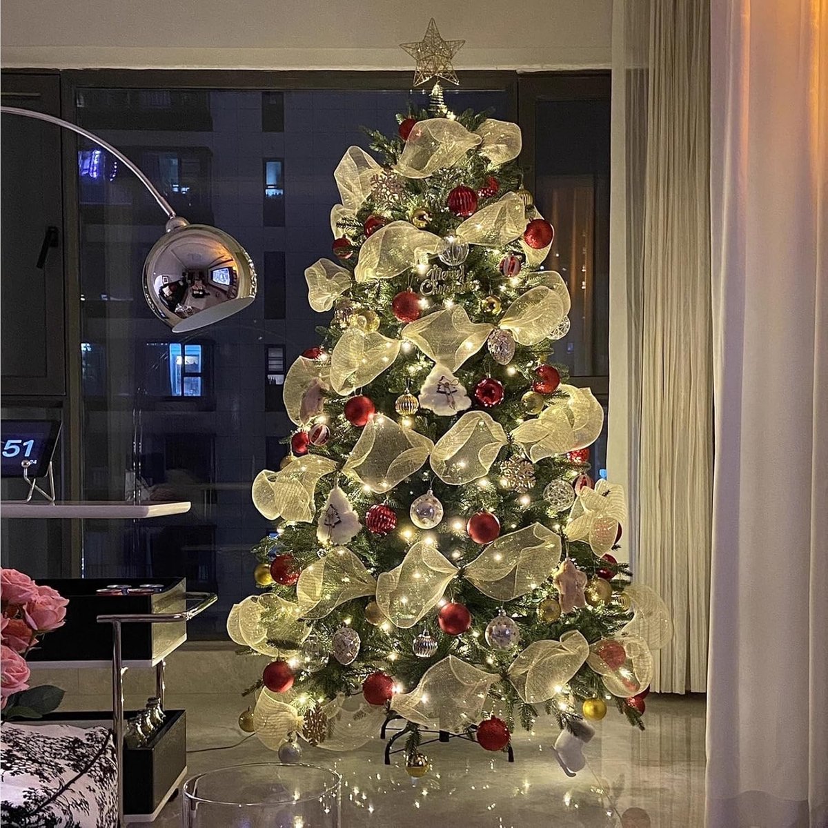 Kerstlint Gouden Lametta - Decoratieband Slinger - Kerstboom Versieren - Extra Breed Poly-Mesh - 27 cm x 9 m - Goud – foto 5