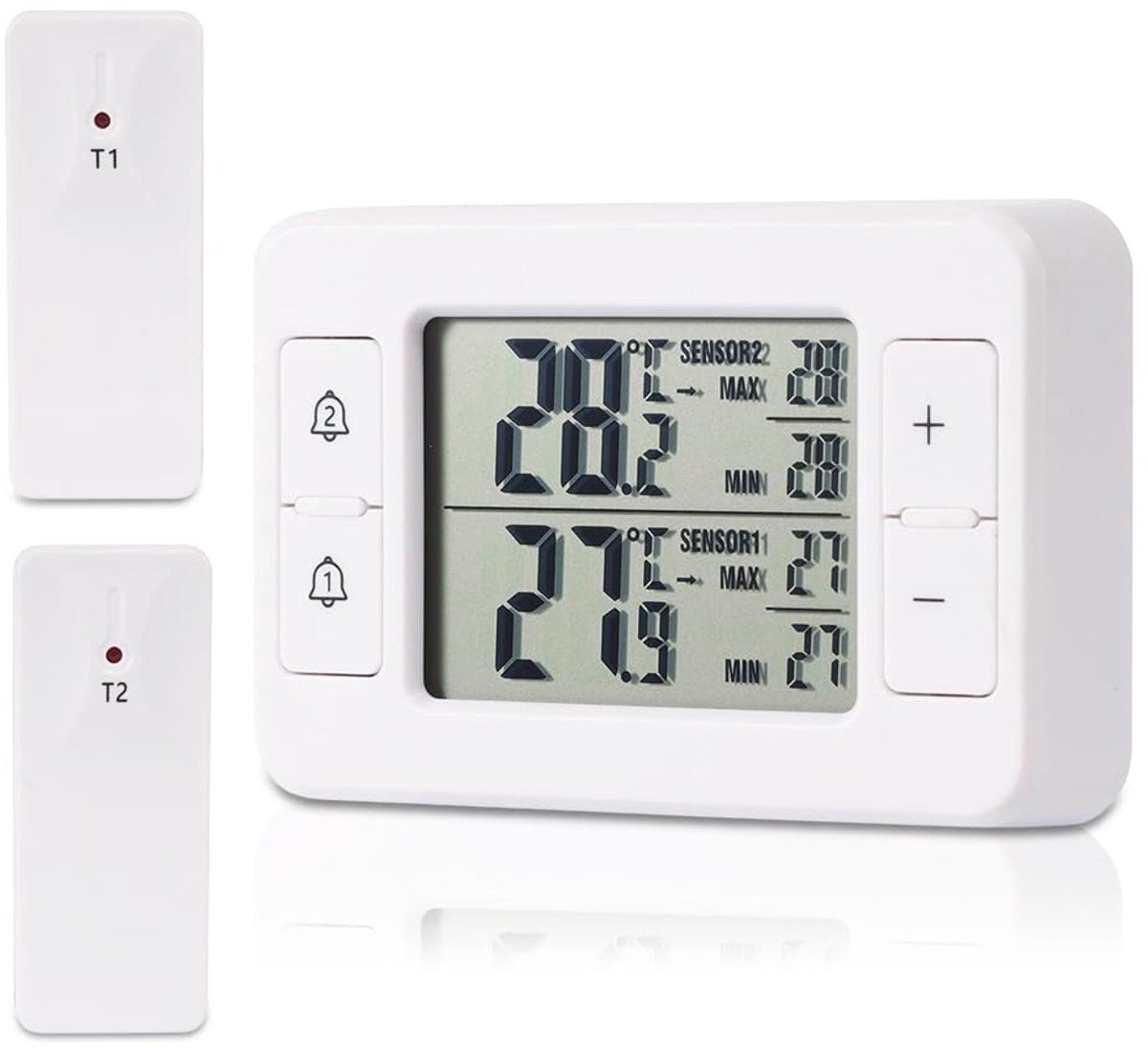 SnelShoppen - Koelkastthermometer Diepvriesthermometer met 2 Draadloze Sensoren - Temperatuuralarm, Min/Max, Temperatuurtrendweergave voor Binnen en B