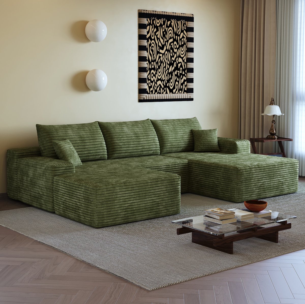 OKWISH Hoekbank 270 cm - Modulaire L-Vormige Chaise Longue - Zonder Montage, Diepe Zit en Comfortabele Loungevorm - Voor Woonkamer, Slaapkamer en Appartement - Stof - Groen