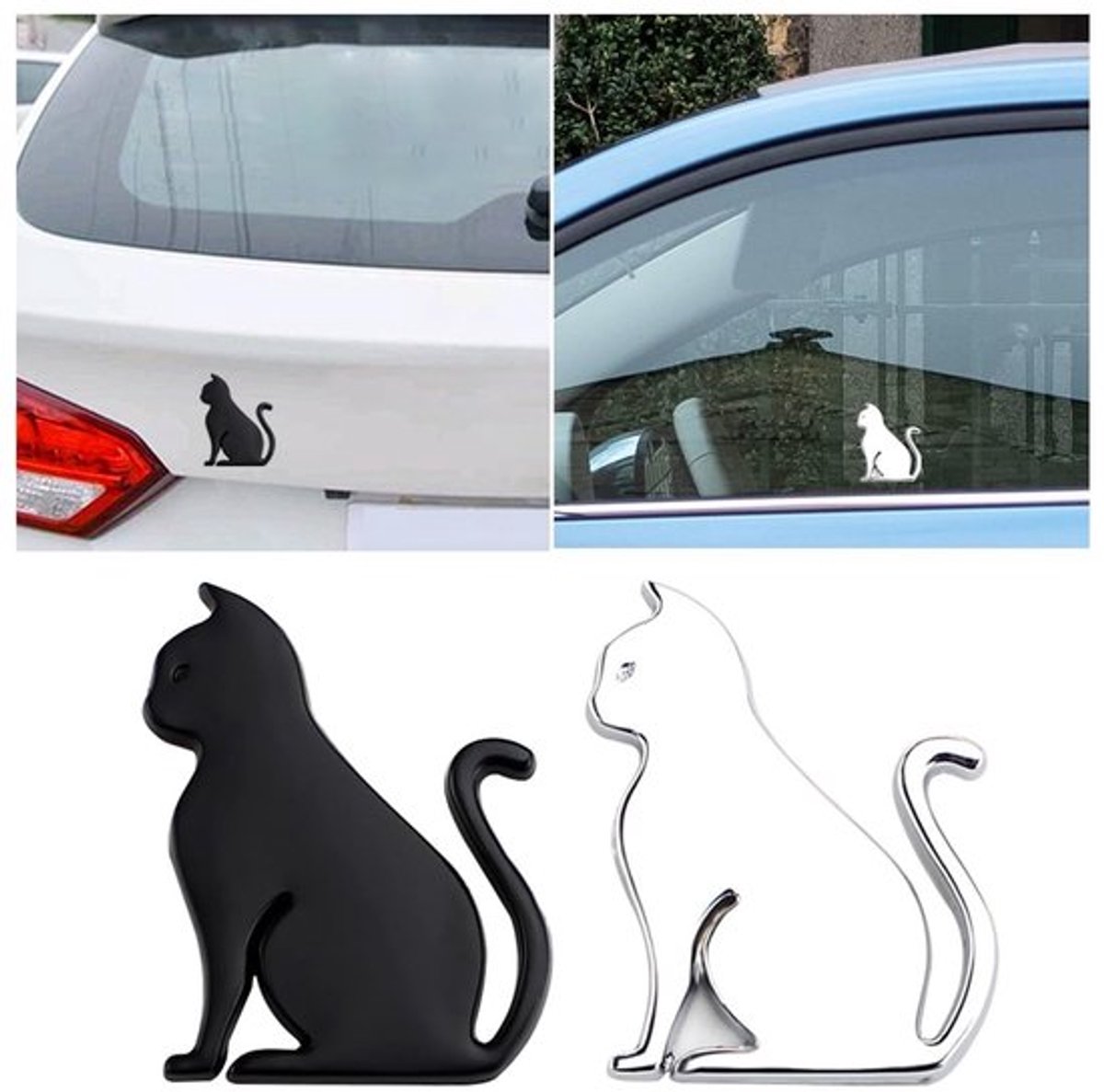 Autostickers Zwarte/Witte Kat - 2 Stuks - Zinklegering - Decoratieve Auto Stickers - Uniek Dierenpatroon - 5,9 x 4,3 cm - Autodecoratie