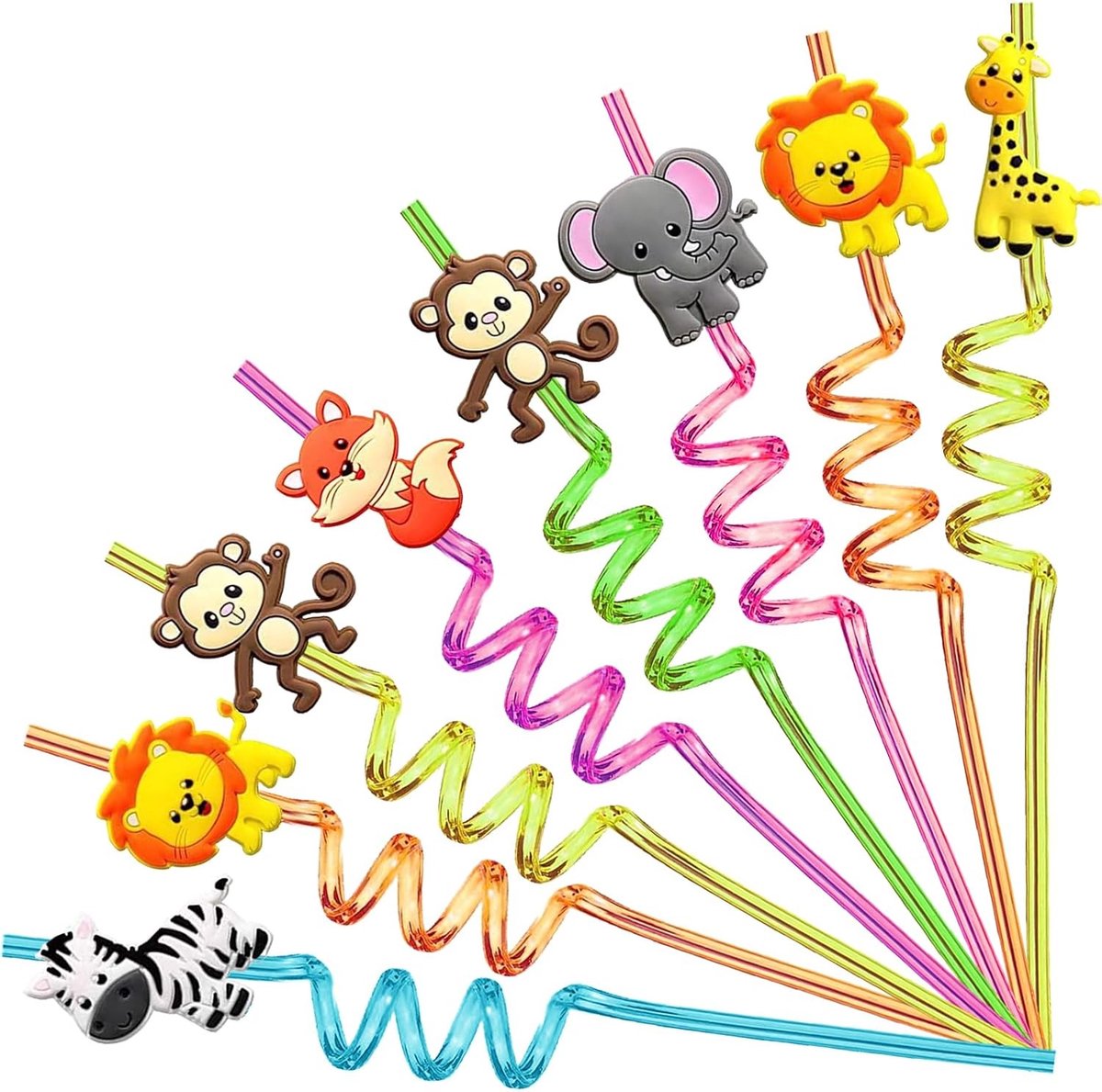 Set van 8 Herbruikbare Rietjes voor Kinderen met Spiralen en Jungle Dieren, Perfect voor Verjaardagsfeestjes en Dierenthema's