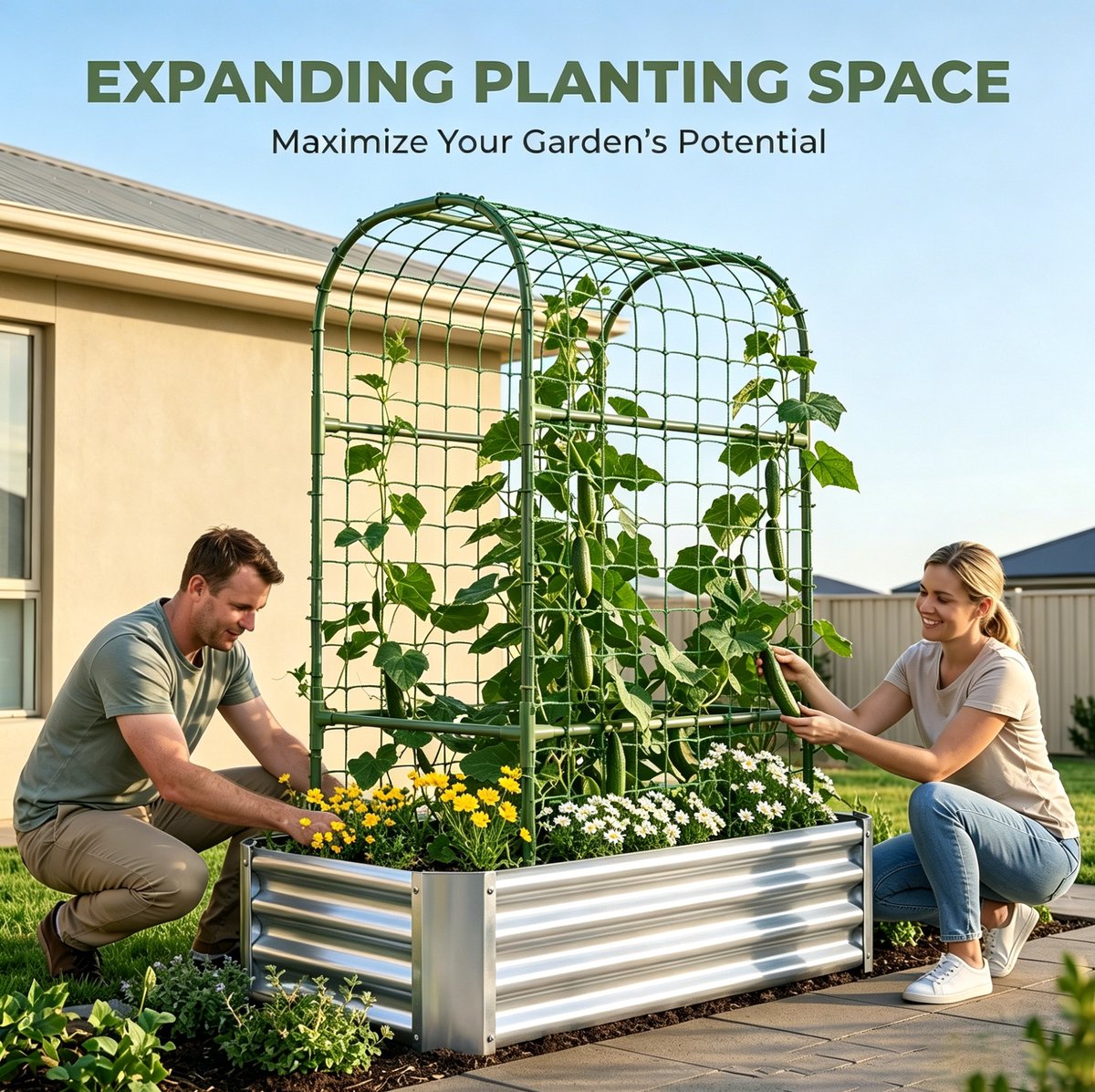 HAUSS SPOLE Moestuinbak – 120 x 61 x 30 cm – Met Klimrek – Verzinkt Staal – Zilver – Open Bodem Voor Groenten, Kruiden En Bloemen