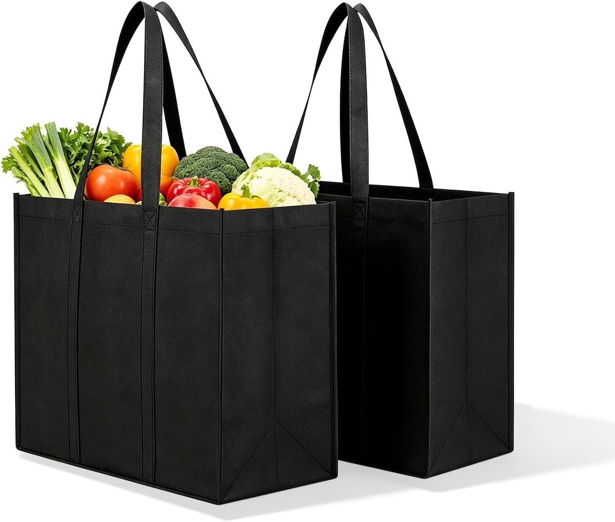 Set van 2 grote herbruikbare boodschappentassen, opvouwbare shoppers van stevige vliesstof, ideaal voor boodschappen, auto en huishouden, met stabiele draaghandvatten