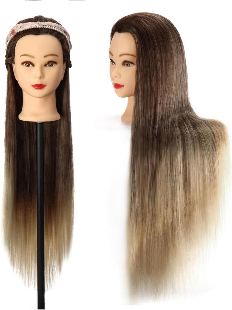 Oefenhoofd Haar - Mannequin Hoofd - Haar Stylen - Synthetisch Haar - 70 cm - Bruin Grijs