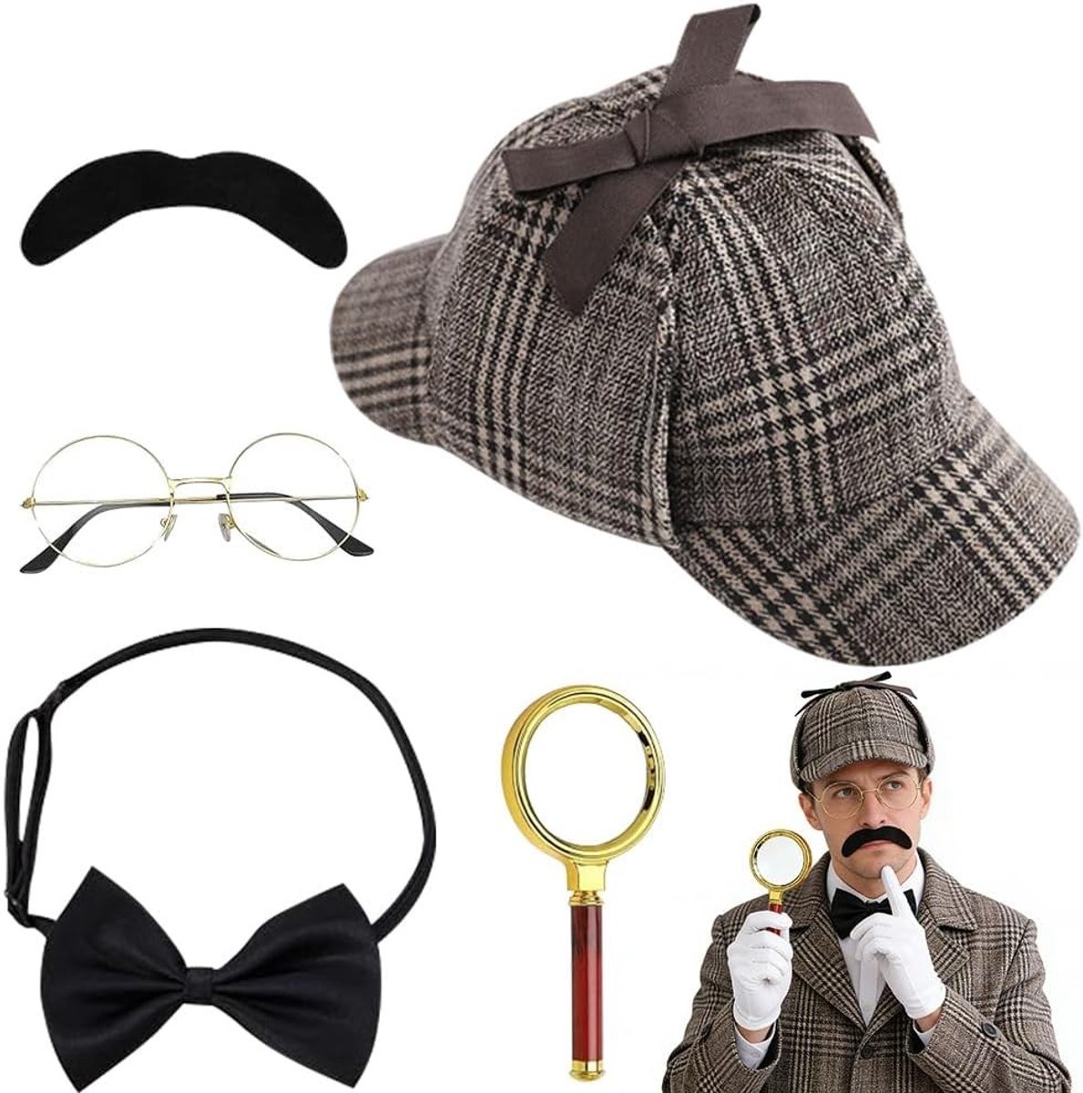 Detective Kostuum Accessoires Set, 5 Stuks met Hoed, Metalen Bril, Vergrootglas en Snor voor Kinderen en Volwassenen, Perfect voor Cosplay en Verkleedfeest