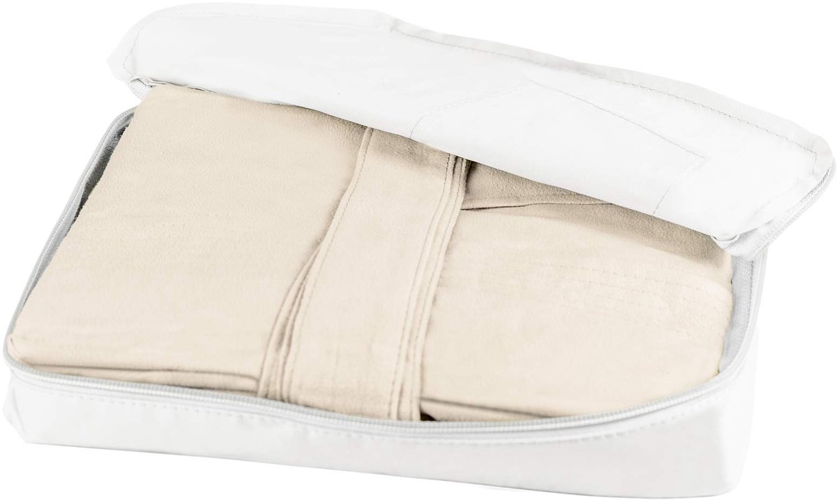 SnelShoppen - Badjas voor Dames en Heren van 100% Microvezel met Capuchon, Ruimtebesparende Tas, Maat L, Crème, Ideaal voor Thuis, Wellness en Vakanti